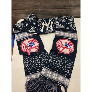 New York Yankees MLB Knit Scarf Navy Blue Fair Isle Snowflake Winter Fringe Fan